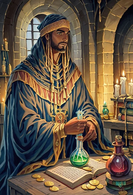 score_9, score_8_up, score_7_up, oblivionarts, solo, 1boy, alchemist, ((african male)), beard, robes, turban, vial, potion, book, coin purse, gold coins, dark room, candle lit, apothecary background, traditional art, medieval, <lora:Oblivion:.6>