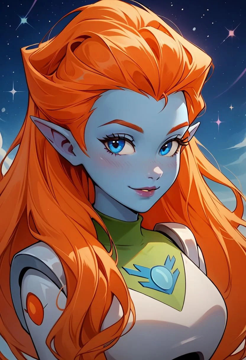 score_9, score_8_up, score_8, big breasts, (curvy), cute, eyelashes,
zzMira, blue eyes, blue skin, orange hair, pointy ears, white spacesuit, portrait, smile,
zPDXL, alien planet background,
hud_jets0n,