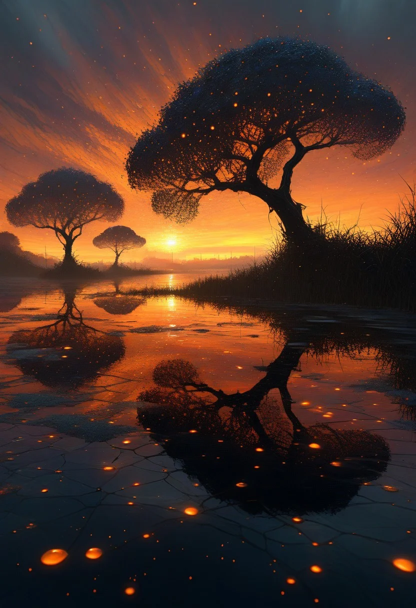 (by Ellen Jewett:1.5), (Bioluminescent Impressionism, close up delicate silhouete of a fishnet stretched betrween two trees, the fishnet is catching the sunlight, making each thread and cell luminous and shinny, droplets of dew iridescent luminous and bright, orange sunset, golden hour, dense mist, monochrome and black shadows, orange light ethereal landscapes, dynamic light, depth of field, biotech emotion:1.3) <lora:xl_more_art-full_v1:0.5> <lora:add-detail-xl:1> <lora:RMSDXL_Creative:2>