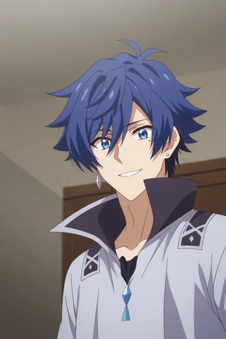 score_9, score_8_up, score_7_up,source_anime,BREAK, rating_safe, intricate details , , , official style, depth of field,1boy, solo, male focus , , , <lora:allen:0.83>, allen westfelt,blue hair,blue eyes,spiky hair,short hair,mole,upper body,white shirt,jewelry,earring,cropped shirt,closed mouth,weapon,mouth open,teeth,smile,sheaths,jump suit,from below,wristband,indoors ,from below , , ,<lora:sdxl_lightning_8step_lora_315544:1>