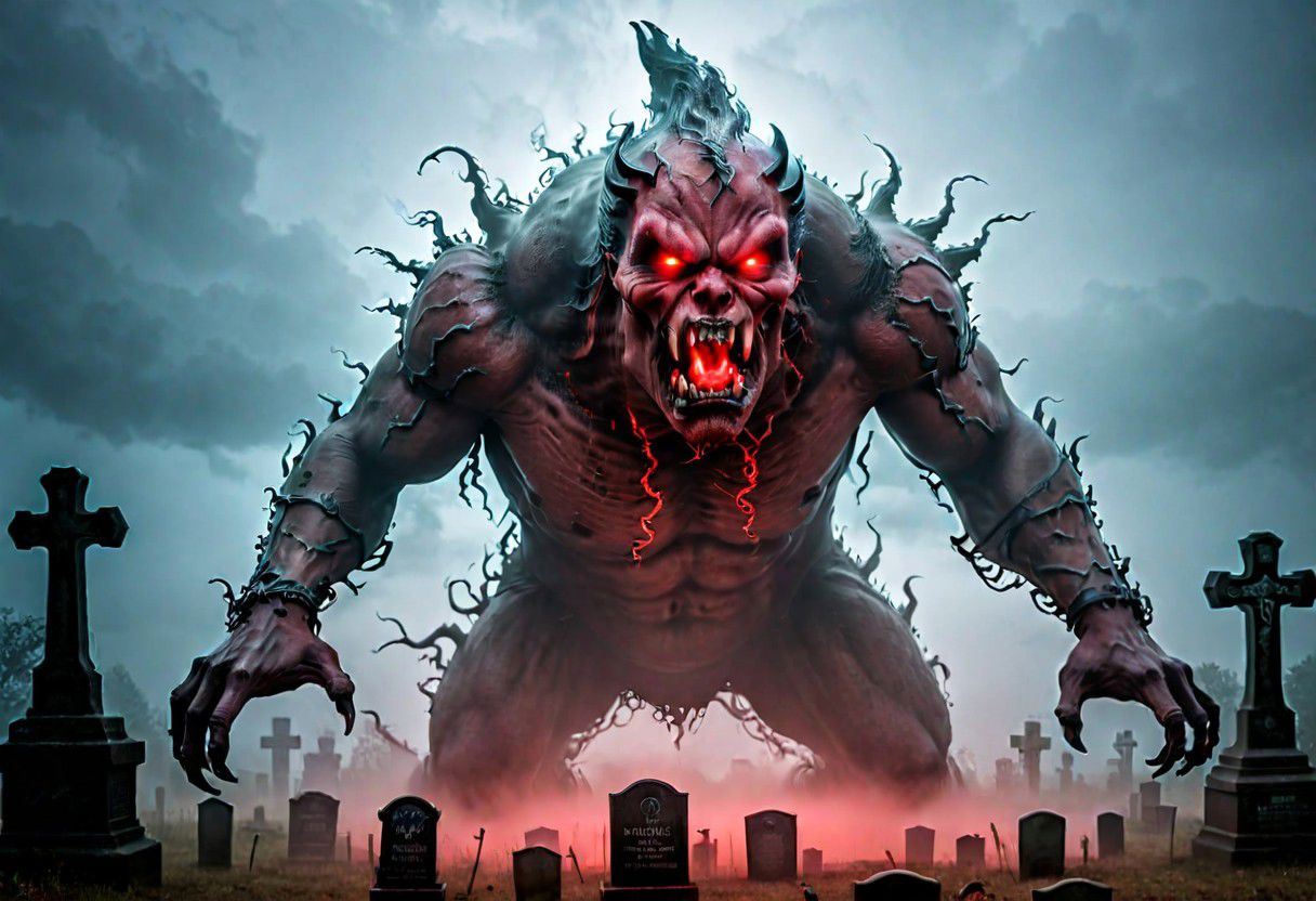 lightening, dark, night, (beast appears from the fog and mist in a creepy graveyard, The beasts looks very angry and ready to cause chaos,  red DEVIL SPAWN