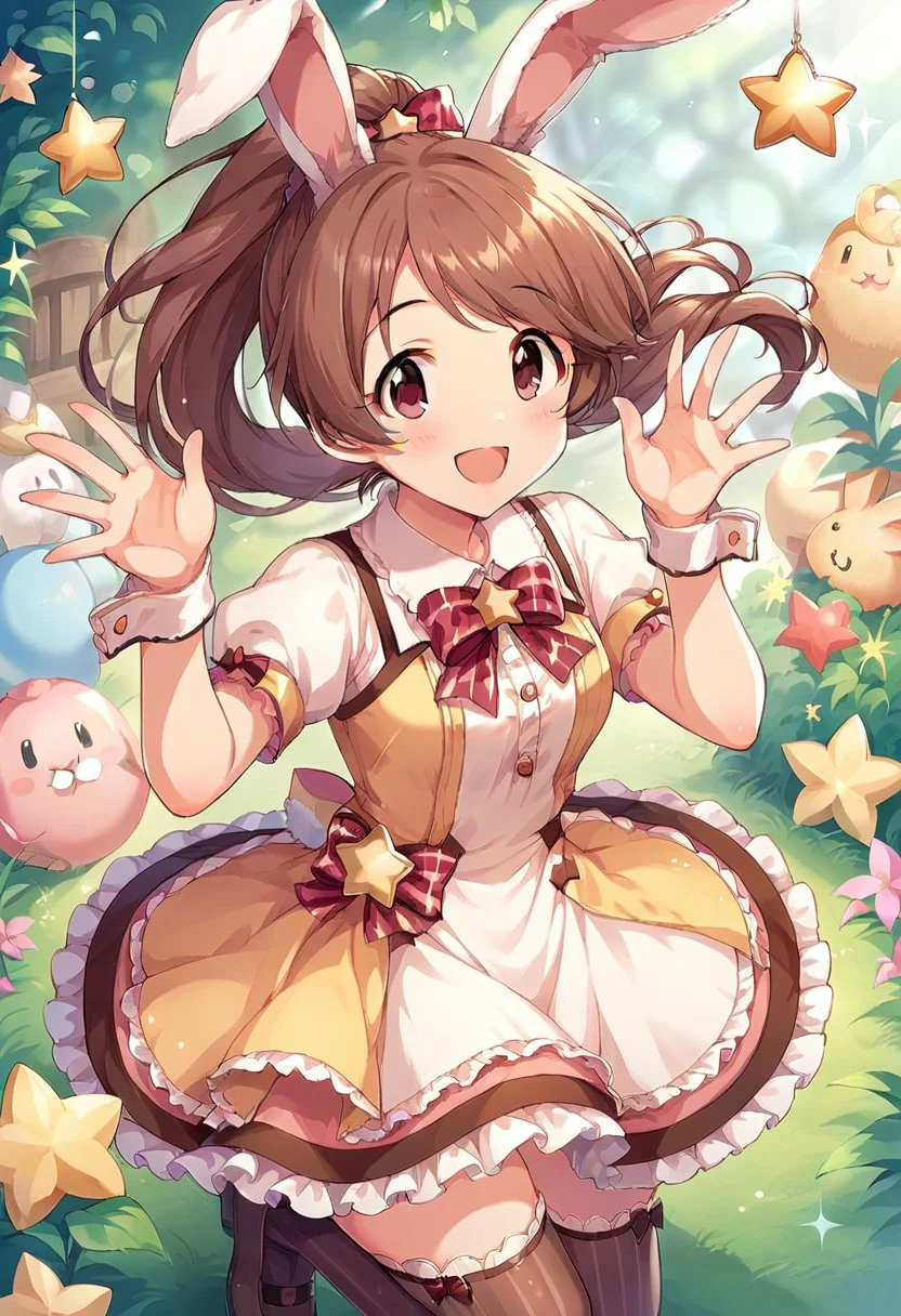 score_9, score_8_up, score_7_up, source_anime,shiina noriko, brown hair, brown eyes, ponytail, 1girl, animal ears, rabbit ears, thighhighs, smile, open mouth, solo, bow, short sleeves, dress, star (symbol), blush