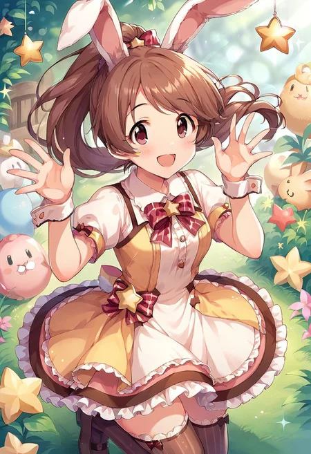 score_9, score_8_up, score_7_up, source_anime,shiina noriko, brown hair, brown eyes, ponytail, 1girl, animal ears, rabbit ears, thighhighs, smile, open mouth, solo, bow, short sleeves, dress, star (symbol), blush