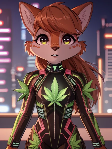 score_9, score_8_up, score_7_up,score_6_up, score_5_up, score_4_up,  BREAK
 <lora:420FuturismPony:0.8> 420futurism,
hemp clothing, 1girl, solo, female focus,looking at viewer, bodysuit, city lights, parted lips,neon clothes
<lora:edna_school_days:0.8>, edna,1girl, furry solo, animal ears,solo,