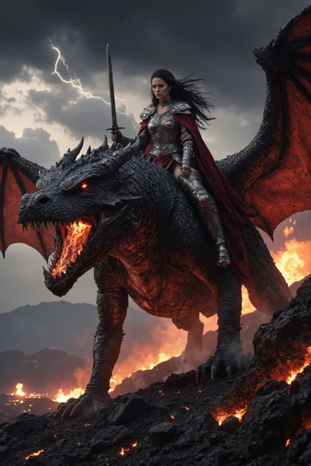 Create an epic fantasy scene featuring a fierce warrior woman riding on top of an enormous, terrifying winged dragon. The warrior should have long, flowing black hair, and her attire must be an intricate mix of dark armor and crimson robes, blending strength and elegance. Her expression is one of determination and power, with piercing eyes that seem to glow with a supernatural intensity.
The dragon under her, a monstrous, armored creature covered in dark, glossy scales that shimmer in the low, ominous light. Its scales are jagged and rough, like volcanic rock, adding to its fearsome appearance. Its massive head is lowered, with glowing, fiery eyes locked on its foe. The dragon's mouth is open wide, revealing rows of razor-sharp teeth, and molten fire spills from its maw, swirling into the air as if about to unleash a deadly flame attack. The dragon's nostrils flare, and smoke billows from them, adding to the dangerous atmosphere.
The background is a dark, stormy sky filled with swirling clouds, with cracks of lightning occasionally illuminating the scene. Shadows play across the warrior and the dragon, emphasizing the tension between them. The ground beneath them is a craggy, blackened cliff, covered in ash and jagged rock formations, giving the sense that this battle is happening in a volcanic or hellish environment. In the distance, fiery eruptions from a volcano are visible, casting an orange-red glow over the entire landscape. The air itself seems to crackle with energy, filled with ash and embers drifting through the scene, adding to the chaotic, warlike setting.
Despite the overwhelming power of the dragon under her, the warrior sits firm, her stance legs wide steady and unyielding but sexy. Her cape billows behind her in the wind, further enhancing her heroic posture. The details in her armor should be finely crafted, with ornate, almost medieval elements mixed with dark fantasy aesthetics. Her gauntlets and shoulder plates are decorated with spikes, and her boots are made of a sleek, blackened metal, polished and reflecting the fiery glow around her.
The lighting in the scene is crucial. The fiery glow from the dragon's mouth should cast an eerie red light over the characters, while darker shadows dominate the edges of the image. The fiery reds and oranges of the molten flames contrast sharply with the darker blues, purples, and blacks of the night sky, creating a dynamic color palette that conveys both danger and beauty. The red glow from th dragon fire should highlight the edges of the warrior’s armor and cloak, giving them a menacing, almost demonic appearance.
The overall feel of the image should be intense and dramatic, capturing a moment of high tension, as though the battle is about to begin or has just reached a critical point. The warrior should appear powerful but not invincible, a team of heros standing against an overwhelming force, while the dragon should radiate ancient, primal power, its very presence dominating the scene.
Make sure the details, especially in the dragon's scales and the warrior's armor, are sharp and intricate, with a sense of realism despite the fantastical setting. This scene should evoke a sense of awe, fear, and admiration, combining the epic scale of a high-fantasy battle with the personal courage of a lone warrior facing down a mythical beast. ((4K, 8K, UHD))