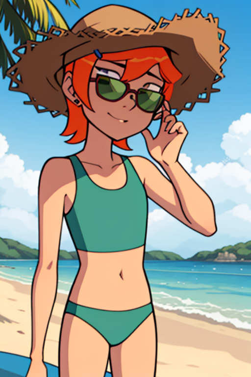 <lora:osgwen-09:1> gwen, beach, beach day, swimsuit, sunglasses, shades, straw hat, looking at viewer, cowboyshot, beach,, detailed shading, detailed ambient light, detailed background, masterpiece,