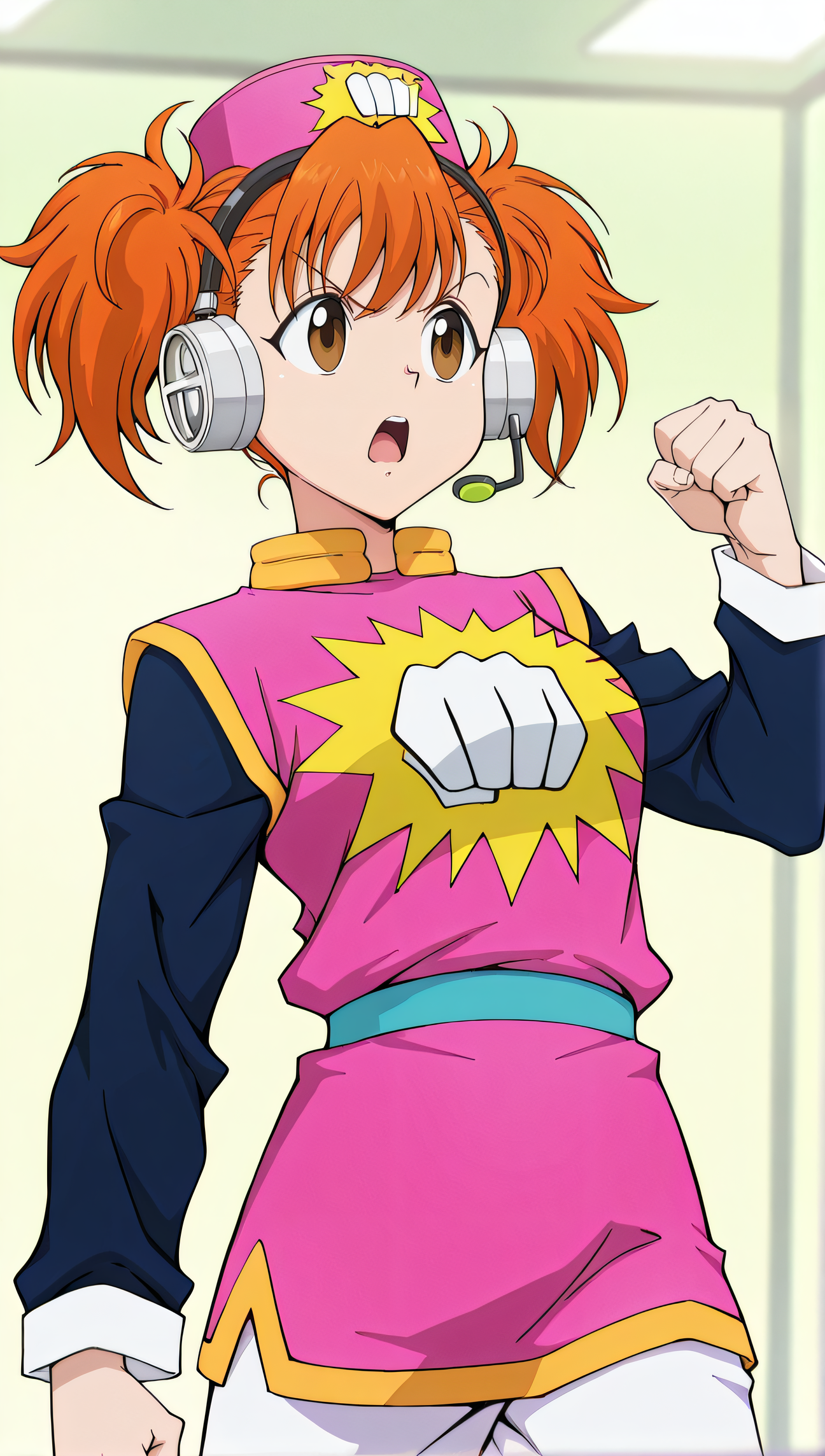masterpiece, best quality, highres, newest, 1girl, solo, official style, anime screncap, <lora:Heavens_Arena_Employees:1>, hxhcommentator, orange hair, short twintails, brown eyes, hat, headset, pink uniform, raglan sleeves, white pants, looking away, indoor, cowboy shot, open mouth, fist up, frown