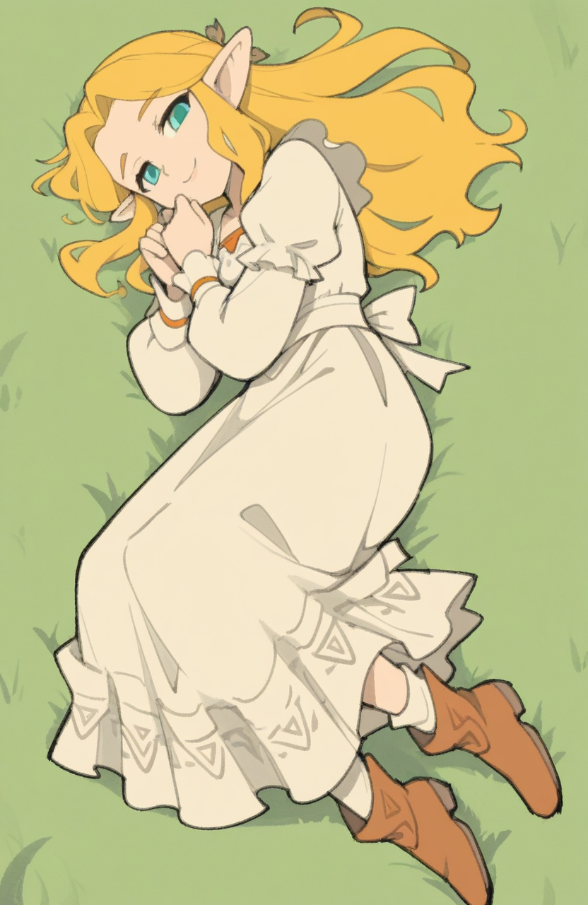 1girl, solo, <lora:TemmieChang:1> tmchng, lying, propped on elbow, soft gaze, delicate smile, enchanting romance,
<lora:Zelda-IL-v2:0.5>, ChopioZelda, blonde hair, aqua eyes, pointy ears, long hair, prairie dress, puffed sleeves, apron, ankle socks, boots, ribbon, , extremely detailed, highres, masterpiece, best quality