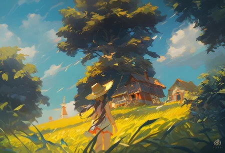 girl looking up at a lone windmill on hill, pas0, sbfte, d4rkv1b3, (score_9, score_8_up:1.1), score_7_up, jill stingray, twintails, straw hat, from behind, looking at the earth, awawa, golden wheat field, summer heat, setting sun, trees, small cottage, sc3nery, vibrant colors, high contrast,