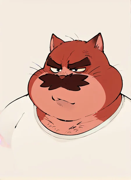 score_9, score_8_up, score_7_up, score_6_up, <lora:Barry_eroborus:1> furry, red fur, cat, cat ears, chubby, mustache, grumpy, portrait