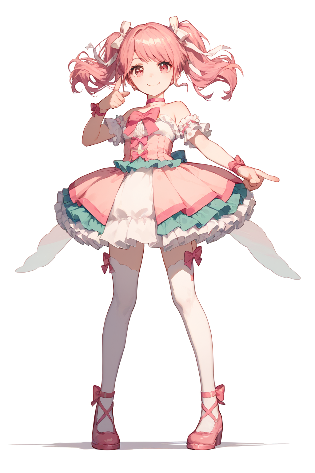 score_9,score_8_up,score_7_up,score_6_up,score_5_up,score_4_up,<lora:aya:0.8>,maruyama aya,1girl,solo,pink hair,wrist bow,twintails,pink eyes,pink footwear,white thighhighs,bangs,pink choker,shoes,hair bow,strapless dress,arm ribbon,smile, pointing, standing,
