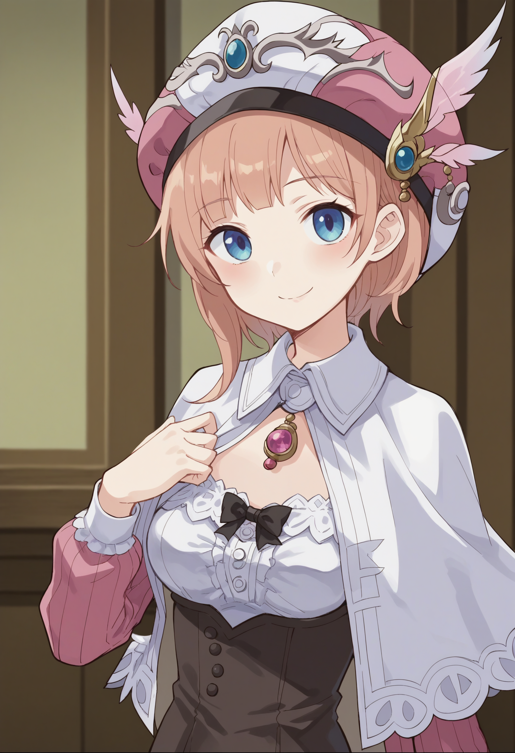 score_9, score_8_up, score_7_up, score_6_up, score_5_up, score_4_up , anime coloring ,BREAK source_anime, anime,screencap,
1girl, solo, a11, breasts, long sleeves, white cape, pink necklace, pink headwear, brown dress,  <lora:PonyXL RoronaF V1:0.9>
indoors, upper body, 
smile, looking at viewer,