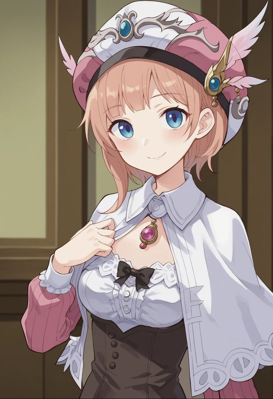 score_9, score_8_up, score_7_up, score_6_up, score_5_up, score_4_up , anime coloring ,BREAK source_anime, anime,screencap,
1girl, solo, a11, breasts, long sleeves, white cape, pink necklace, pink headwear, brown dress,  <lora:PonyXL RoronaF V1:0.9>
indoors, upper body, 
smile, looking at viewer,
