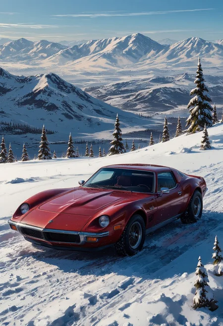 masterpiece photo realistic, red 70s sports car, chrome accents around the windows, black rims, shiny new paint, on a snowy setting high in the mountains, you can see mountain peeks around