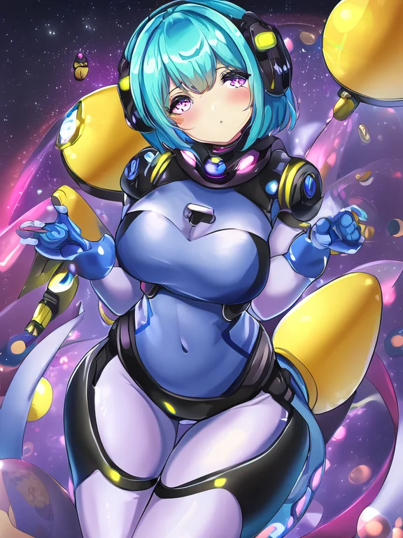 sadness, solo, 1girl, robotic, outer space background, eyes,waist, thighs, retro, hair, arms, hands, cyan, magenta, yellow, masterpiece, by rikiddo