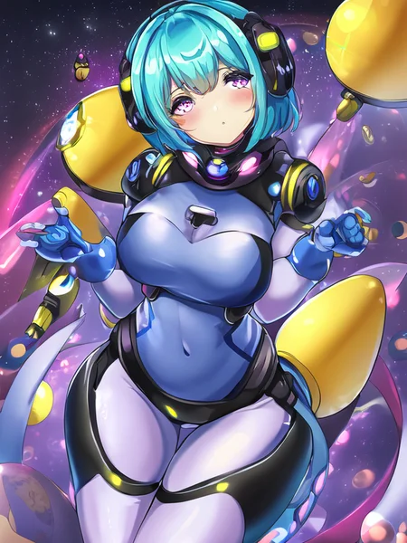 sadness,  solo, 1girl, robotic, outer space background, eyes,waist, thighs, retro, hair,  arms, hands, cyan, magenta, yellow, masterpiece, by rikiddo