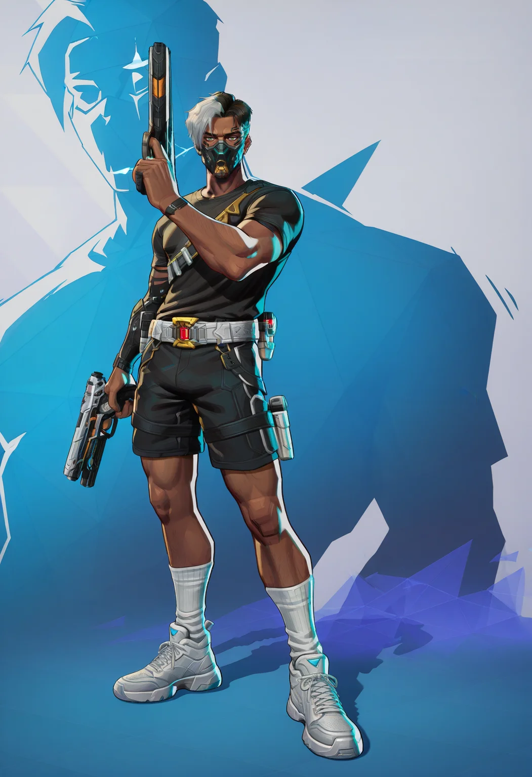 <lora:MarvelRivals:1> r1vals,
1boy, weapon, solo, dark-skinned male, male focus, gun, dark skin, holding, holding weapon, holding gun, shorts, sneakers, shirt, black shirt, star, (symbol), handgun, white background, full body, crypto, (apex legends), mouth mask, shoes, black hair, black shorts, white socks, white footwear, short hair, grey hair, belt, facial hair, socks, standing