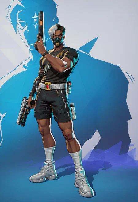 <lora:MarvelRivals:1> r1vals,
1boy, weapon, solo, dark-skinned male, male focus, gun, dark skin, holding, holding weapon, holding gun, shorts, sneakers, shirt, black shirt, star, (symbol), handgun, white background, full body, crypto, (apex legends), mouth mask, shoes, black hair, black shorts, white socks, white footwear, short hair, grey hair, belt, facial hair, socks, standing