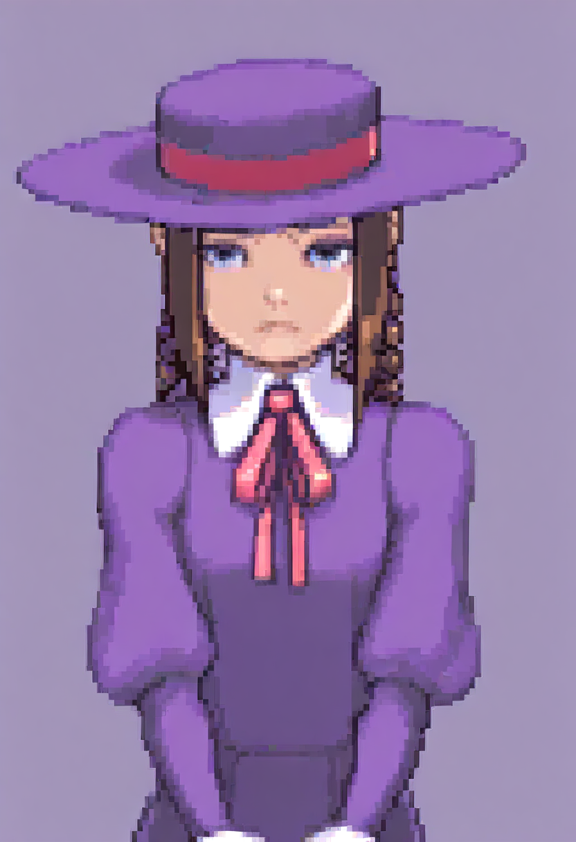 masterpiece, best quality, solo, looking at viewer, 1girl, light frown, <lora:Ace-Attorney-Portraits-illus_Fp:1>, portrait, upper body, pixel art, simple background, <lora:Anita-illus_Fp:1>, anitavc, brown hair, blue eyes, twin braids, hat, collared dress, purple dress, long sleeves, wrist cuffs, ribbon,