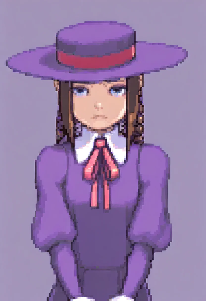 masterpiece, best quality, solo, looking at viewer, 1girl, light frown, <lora:Ace-Attorney-Portraits-illus_Fp:1>, portrait, upper body, pixel art, simple background, <lora:Anita-illus_Fp:1>, anitavc, brown hair, blue eyes, twin braids, hat, collared dress, purple dress, long sleeves, wrist cuffs, ribbon,