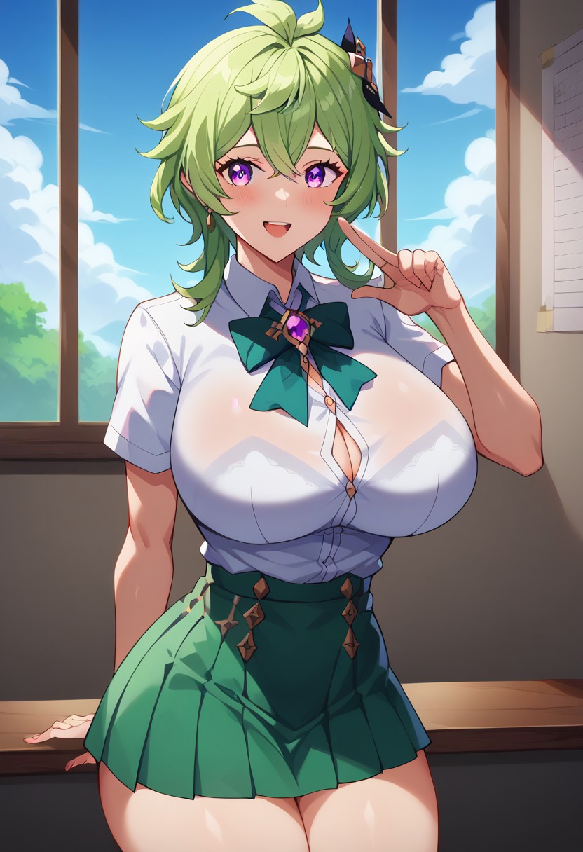 score_9, score_8_up, score_8, big breasts, big ass, 1woman, solo++, (pretty face)++, (detailed face)++, (high quality)++, anime screencap++++, (very pretty)+, (toned body)+, (setting: modern school)+++, background details++++, sky++++, blue sky++++, hallways++++, clouds++++, windows++++, indoors++++, (beautiful)++, (cute expression)+, happy++, 1girl+, collei_\(genshin_impact\), eyes+++, purple eyes+++, (outfit: school outfit)+++, short skirt+++, green skirt+++, school shirt+++, green ribbon+++, white shirt+++, short sleeves+++, green hair+++, short hair+++, huge breasts, standing+,