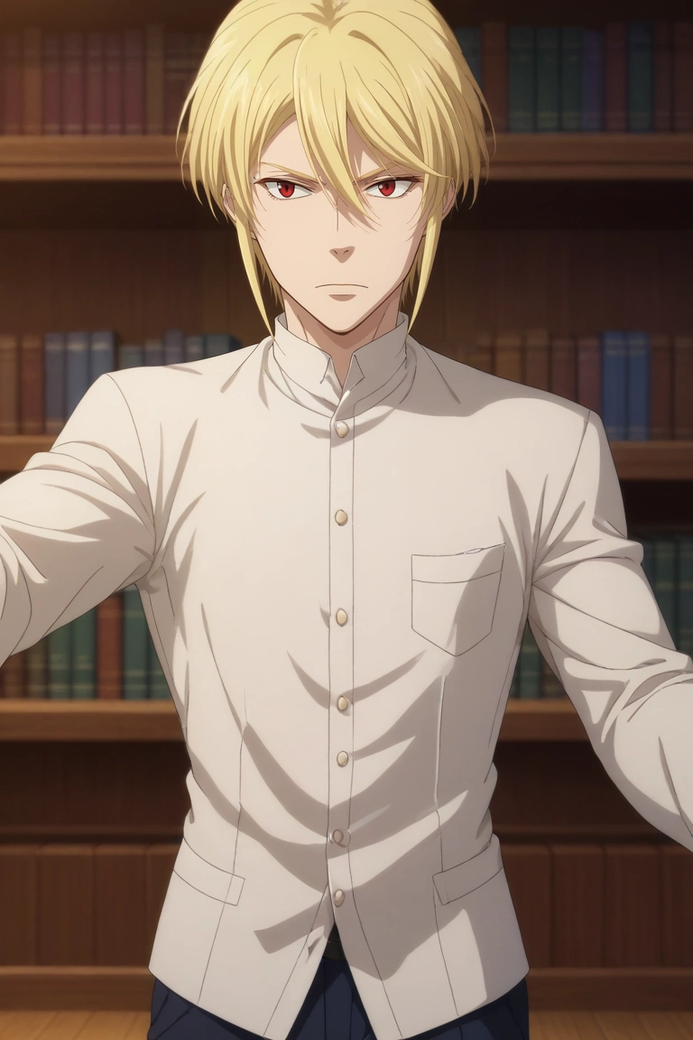 score_9, score_8_up, score_7_up, , rating_safe, intricate details, anime screencap, , official style, , depth of field, 1boy, solo, male focus, <lora:william_james_moriarty_pony:0.76>, william_james_moriarty, blonde hair, red eyes, short hair, , , , wide angle, wide shot, cowboy shot, library, books, midnight, outstretched arms, angry, ,, <lora:sdxl_lightning_8step_lora:1>