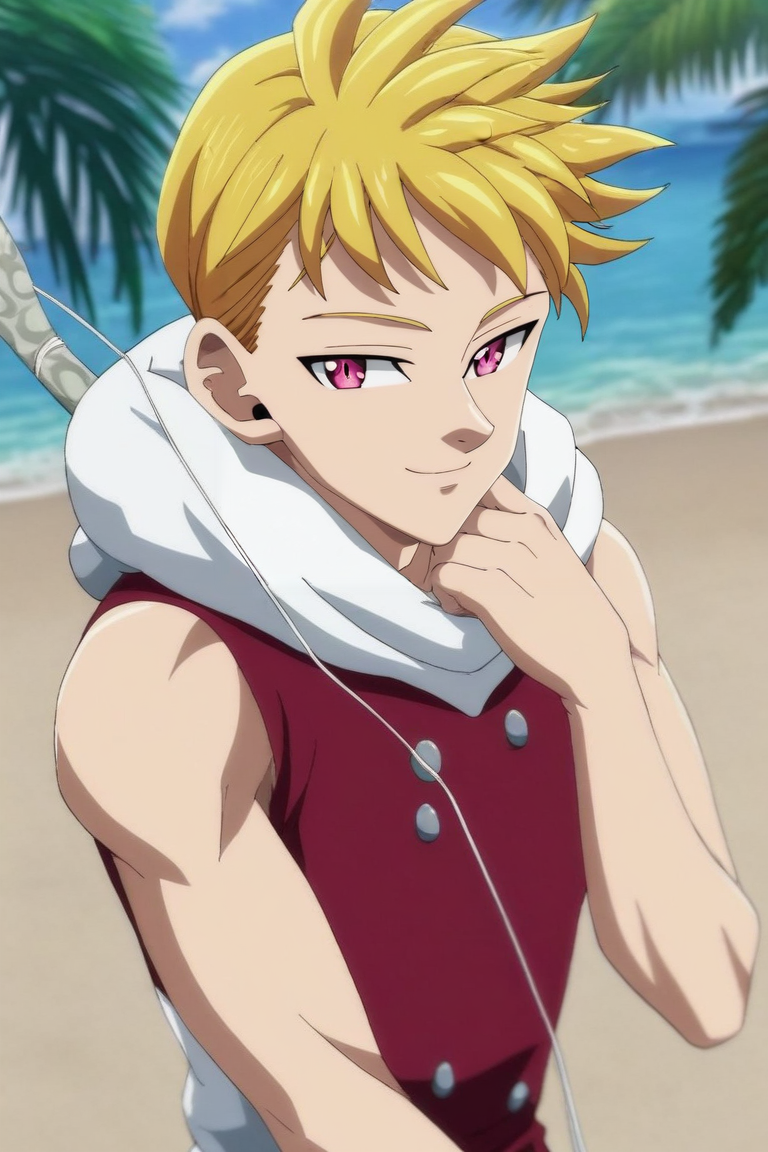 score_9, score_8_up, score_7_up, source_anime, rating_safe, , semi-realistic, looking at viewer, depth of field, 1boy, solo, male focus, <lora:lancelot_nnt_mny_pony:0.98>, lancelot_nnt_mny, blonde hair, pink eyes, short hair, wide angle, wide shot, cowboy shot, beach, palm tree, towel, dawn, breast rest, naughty smile, vampire costume, <lora:sdxl_lightning_8step_lora:1>