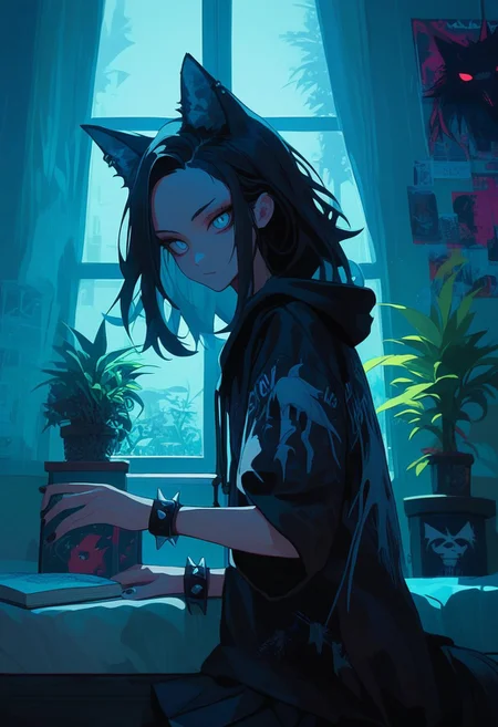 score_9, score_8_up, score_7_up, score_6_up, NLSTN, 1girl, animal ears, black hair black hoodie, black skirt, book, bracelet, character print, curtains, goth fashion, grey eyes, hood, hoodie, indoors, jewelry, looking at viewer, medium hair, plant, potted plant, print hoodie, self character print, skirt, solo, spiked bracelet, spikes, window, wolf ears