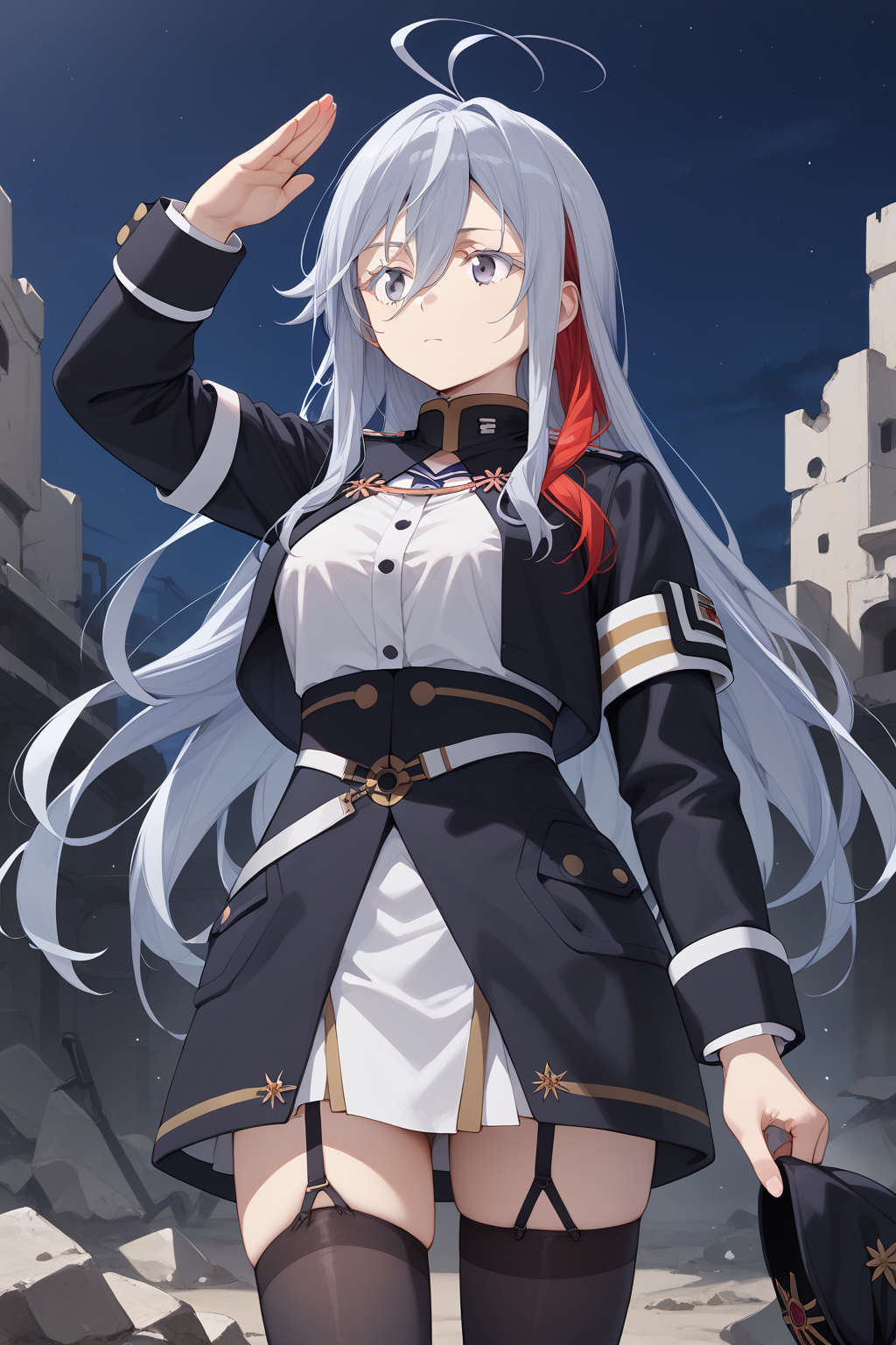 score_9, score_8_up, score_7_up, score_6_up, source_anime,vladilenamilize, 1girl, solo, black military uniform, very long hair, thighhighs,,, garter straps, high-waist skirt,,  , shirt, streaked hair, hair between eyes, cropped jacket, grey hair, , long sleeves, bangs, red hair, grey eyes, ,, black jacket, zettai ryouiki <lora:vladilena_milize_pony5:1>, , ,, white eyelashes, ahoge, closed mouth, salute, night.ruins, holding hat, hat removed