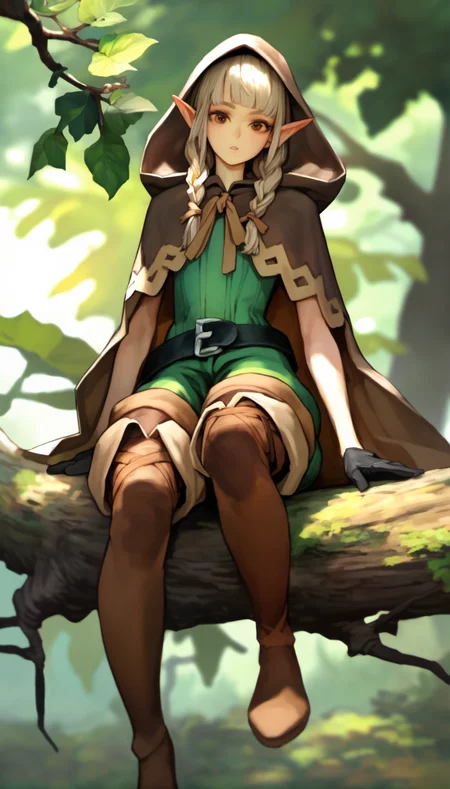 score_9,score_8_up,score_7_up,
<lora:vanillaStyle3:0.9>,
vanillastyle,
elf,1girl,solo,white hair,blunt bangs,twin braids,pointy ears,brown eyes,looking at viewer,parted lips,green short dress,brown hooded cloak,light brown cape,black belt with silver buckle,brown shorts,black gloves,brown thigh boots with light brown ribbon,full body,perched on a twisted branch with green leaves,
blurry background,outdoors,forest,dappled sunlight,