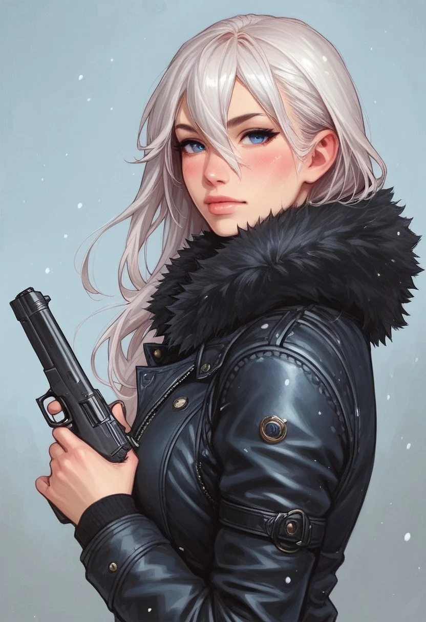 (((side view)))
1 girl, portrait, winter jacket with fur hood, long hair, winter, snowfall, 1girl solo, white hair, looking at viewer, bangs, day, blue sky, hair between eyes, outdoors, blush dramatic lights, relax,
(((full-clothed))), (big handgun, big pistol in hands:1.5),
BREAK
(outdoor background:1.9) score_9, score_8_up, score_7_up, score_6_up, source_cartoon, rating_explicit, Expressiveh, (((((upper body))))), dynamic pose