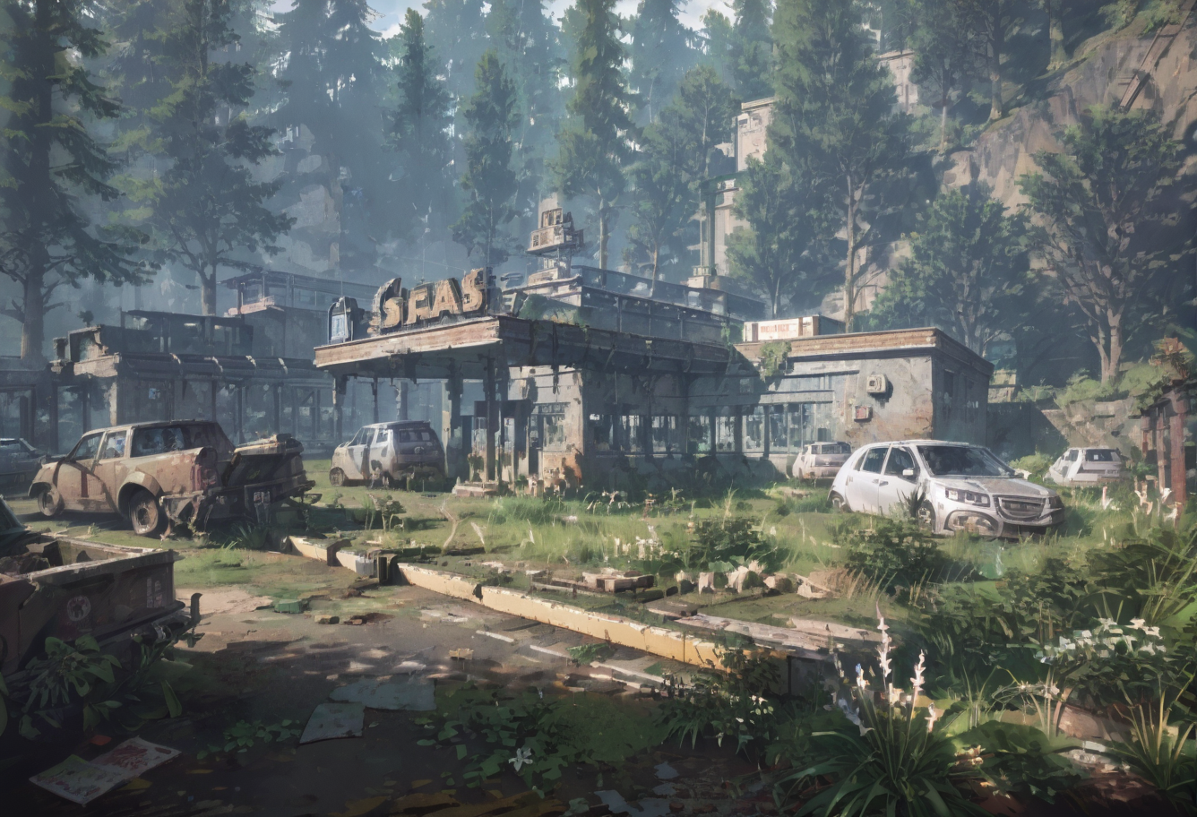 ,ruanyi0763,outdoors,tree,building,ruins,gas station,crowd,<lora:0763 post apocalypse_v1_pony:1>, score_9,score_8_up,score_7_up,,8k,1girl,solo,