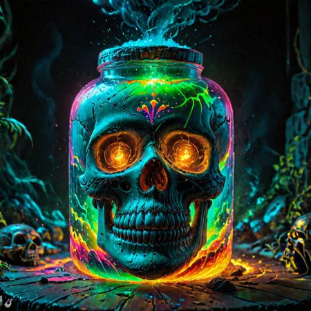 bioluminescent rainbow, sugar skull in a jar ral-lava:0.9:20
ultra realistic 8k cg, masterpiece, professional artwork, cinematic lighting,Contained Color