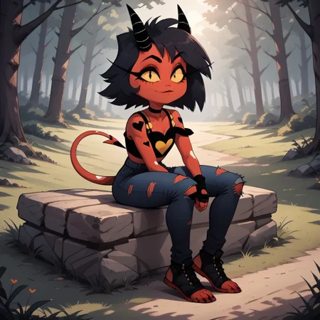score_9, score_8, BREAK, solo, Millie_(Helluva_Boss), Imp, red skin, devilish tail, white striped black horns, bangs, yellow sclera, black hair, short hair, black heart tattoo, black choker, black crop top, navel, yellow buttons, black fingerless gloves, black torn denim pants, black toeless footwear, barefoot, self portrait, smile, looking at viewer, outdoors, sunlight, shadows, evening lighting, natural lighting, forest, trees, grass, orange sky, sunset