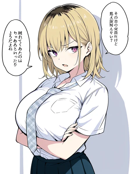 score_9, score_8_up, score_7_up,  
1girl, natsuki jn, medium hair, dyed hair, roots, huge breasts, blonde hair,


standing, crossed arms, short sleeves, white shirt, school uniform, plaid necktie, pleated skirt, standing, frown, open mouth, looking at viewer,