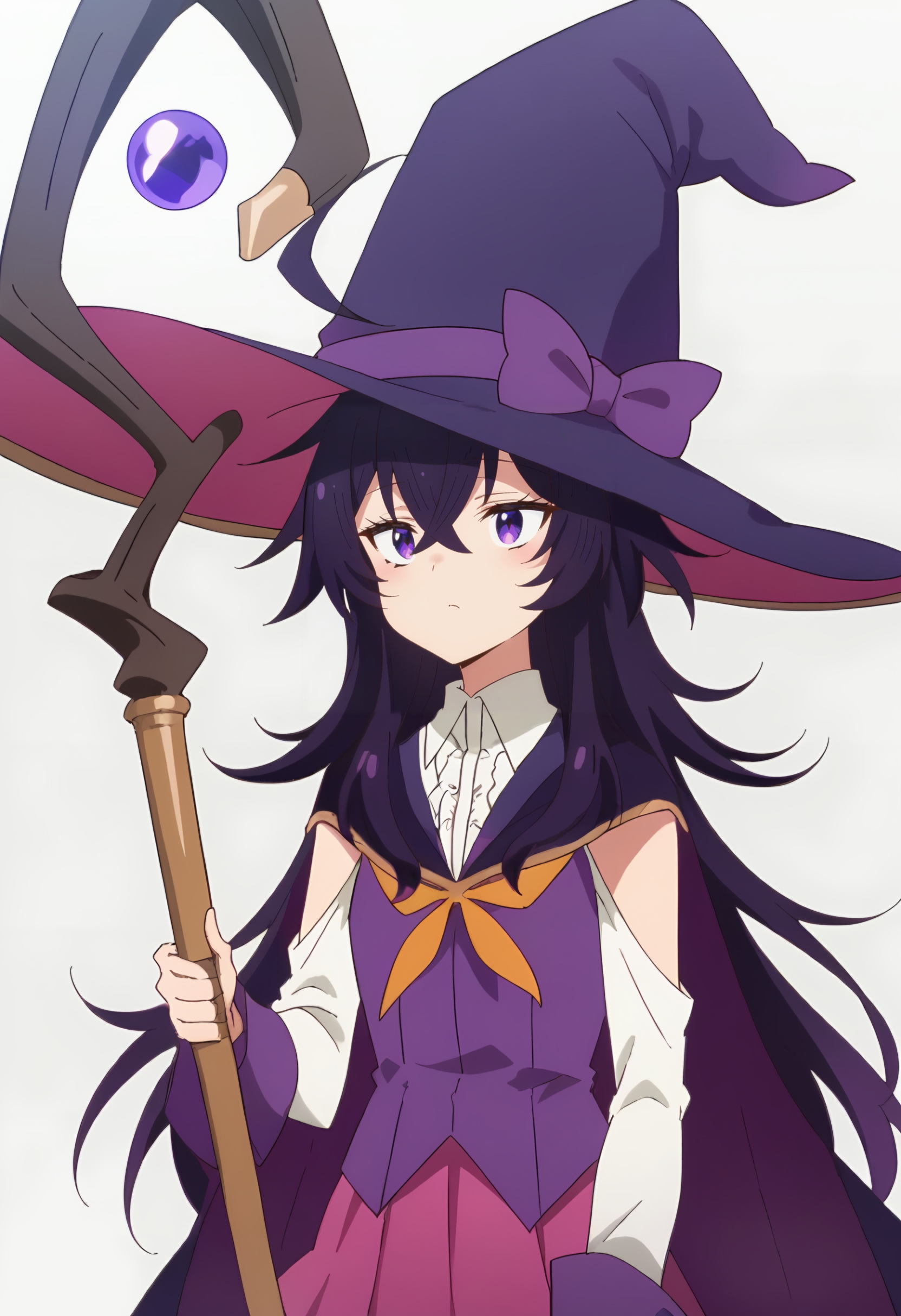 <lora:Belano:0.9> belano, long hair, purple hair, purple eyes, hair between eyes, 1girl, solo, ahoge,     , white shirt,  long sleeves, purple headwear,detached sleeves, staff, purple cape, hat bow, witch, purple bow, pink skirt, score_9, score_8_up, score_7_up, , anime coloring ,BREAK source_anime, anime