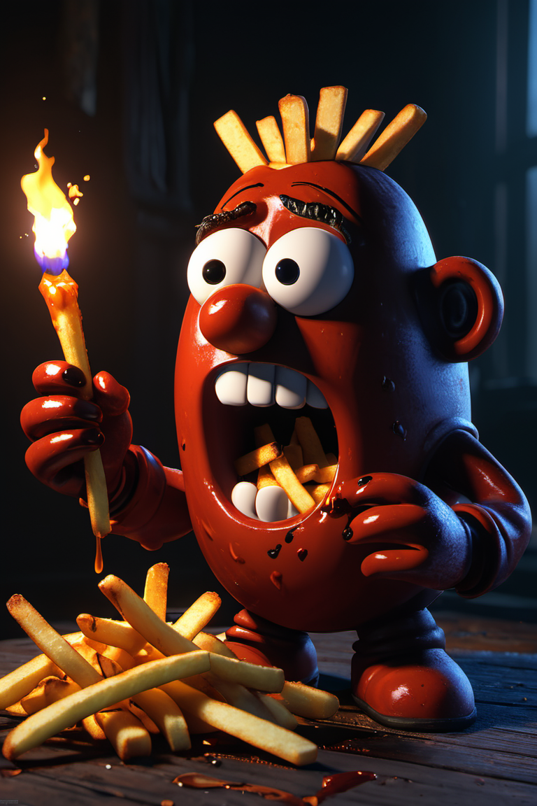 Horror-themed mr potato head eating french fries with ketchup,cinematic still frame,35mm,8K,thorough,fries in mouth,ketchup,, glow effects, godrays, Hand drawn, render, 8k, octane render, cinema 4d, blender, dark, atmospheric 4k ultra detailed, cinematic, Sharp focus, big depth of field, Masterpiece, colors, 3d octane render, 4k, concept art, trending on artstation, hyperrealistic, Vivid colors, extremely detailed CG unity 8k wallpaper, trending on CGSociety, Intricate, High Detail, dramatic . Eerie, unsettling, dark, spooky, suspenseful, grim, highly detailed