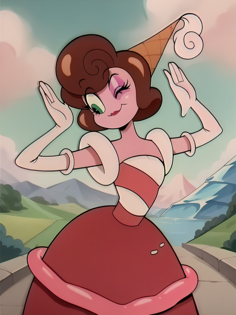 score_9, score_8_up, score_7_up, leaning forward, sexy pose, cowboy shot, (dynamic pose:1.1), dynamic angle, light smile, arms up, landscape, from side, one eye closed, closed mouth, 
 <lora:BaronessVonBon_character:1>, BaronessXLP, brown hair, short hair, green eyes, colored skin, makeup, parted lips, pink skin, very narrow waist, thin arms, dress, elbow gloves, ice cream cone, cartoon, retro artstyle, anime screencap, exaggeration