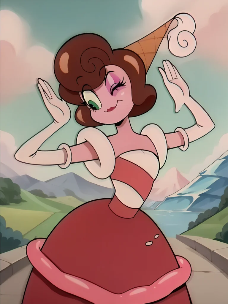 score_9, score_8_up, score_7_up, leaning forward, sexy pose, cowboy shot, (dynamic pose:1.1), dynamic angle, light smile, arms up, landscape, from side, one eye closed, closed mouth,
<lora:BaronessVonBon_character:1>, BaronessXLP, brown hair, short hair, green eyes, colored skin, makeup, parted lips, pink skin, very narrow waist, thin arms, dress, elbow gloves, ice cream cone, cartoon, retro artstyle, anime screencap, exaggeration