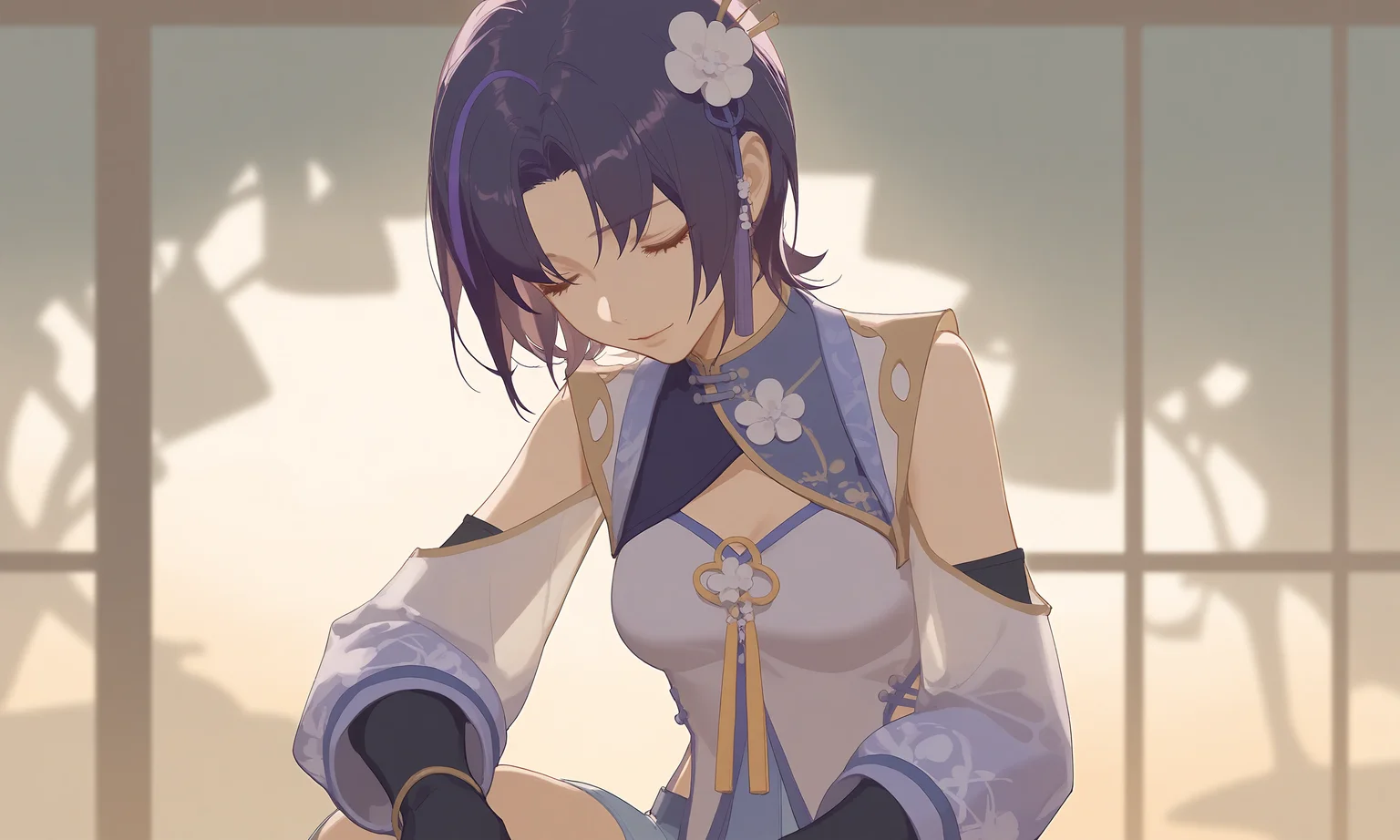 1girl,dark purple hair,streaked_hair,jiale\(asoul\),jialeguofeng,
artist:rei \(sanbonzakura\),artist:ask \(askzy\),artist:ningen mame,artist:doremi (doremi4704),
mature female,tall female,medium breasts,hair_ornament,hair_flower,fingerless_gloves,
peaceful expression, asleep, sitting, window, sunset glow, soft warm light, gentle shadows,
young female, delicate features, sitting posture, relaxed arms, full-body view, closed eyes, elegant outfit, soft fabrics, golden hour light, soft ambient lighting, warm orange and purple hues, sunset filtering through the window, serene mood, light reflecting off her hair, soft shadows, natural light streaming in, soft gradient colors, aesthetic, cinematic lighting, best quality, amazing quality, very aesthetic, absurdres, masterpiece, newest,<lora:Carol_testtrain10-000019:0.8>,