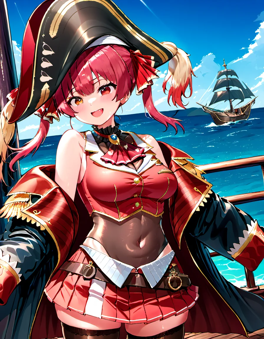 <lora:Houshou_Marine:1.2> houshou marine, solo, heterochromia, pirate hat, twintails, skirt, black thighhighs, large breasts, blush, smile, looking at viewer, open mouth, covered navel, long hair, red pleated skirt, pirate ship at sea, red ascot, off shoulder, see-through leotard, black coat, bare shoulders, black headwear, bicorne, thighs, see-through, miniskirt, ribbon, jacket, pirate, belt, :d, hair ribbon