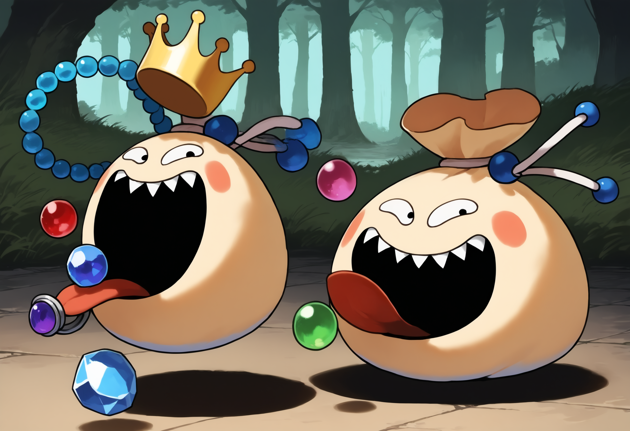 score_9,score_8_up,score_7_up,super detailed,extreme detailed,full_body,zPDXL,source anime,forest BREAK no humans,no_legs,multiple_monsters,
<lora:Pony_DetailV2.0:1> BREAK goodybag_(dq),crown,gem,necklace,teeth,tongue,tongue out,<lora:goodybag_(dq):1>,