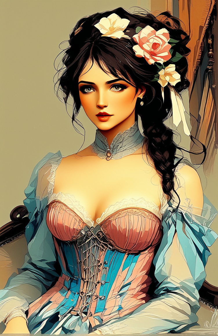 In_Impressionism_Style, 


colored sketch, woman , young, delicate natural beauty. She has soft slightly messy dark hair in an updo that frames her face with loose strands, giving her a casual carefree charm, seductive, sweet heart bodice pink and blue corset pastel-colored, lace-trimmed , bare shoulders , cleavage, lounging on a sofa relaxing with feet up, white thigh highs stockings with garter belt, slim white body, pale skin, curvy body, athletic body, blush, slim waist, seductive image,serene, untouched beauty, clear, lively, detailed face, upper body accent, seductive look, background of a palace bedroom ,laughing to her self, smiling , cushines, comfortable 18th-century French aristocrat, exuding Rococo elegance feminine charm, evoking a sense of old-fashioned elegance and whimsy.