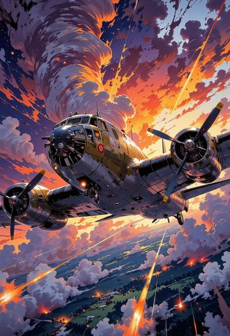 A hyper-detailed 2D illustrator art wallpaper captures the iconic B-27 bomber wandering through a vast, dramatic sky, exuding solitude and timeless power. The sleek, weathered fuselage, forged from dark alloy, reflects the subdued tones of a fiery orange and deep purple sky. The bomber’s iconic twin engines hum faintly, their massive propellers spinning steadily as the aircraft glides effortlessly through the endless expanse. Twin propeller wingspan the front,
Intricate paneling, rivets, and subtle weathering detail the body, telling stories of resilience. Its expansive wingspan casts faint shadows across swirling cloud layers below, while faint insignias hint at its storied past. The cockpit canopy catches a glint of light, adding a subtle human touch as the plane continues its solitary journey. Vivid vibrant color, dark mimic illustrator art.
The backdrop is a cinematic masterpiece of glowing horizons and swirling clouds, blending warm and cool tones. Radiant sunbeams break through, casting light and shadow across the bomber and sky. Rendered in ultra-realistic 32k resolution, this artwork masterfully balances nostalgia with modern illustration, capturing the haunting beauty of the B-27 in flight.