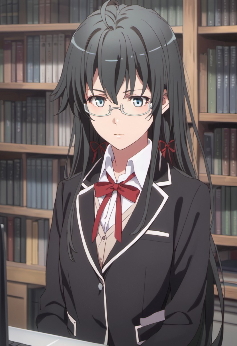 score_9, score_8_up, score_7_up, source_anime, yukinoshita yukino, long hair, black hair, blue eyes, 1girl, sobu high school uniform, school uniform, glasses, solo, jacket, blazer, ribbon, computer, black jacket, hair ribbon, bookshelf