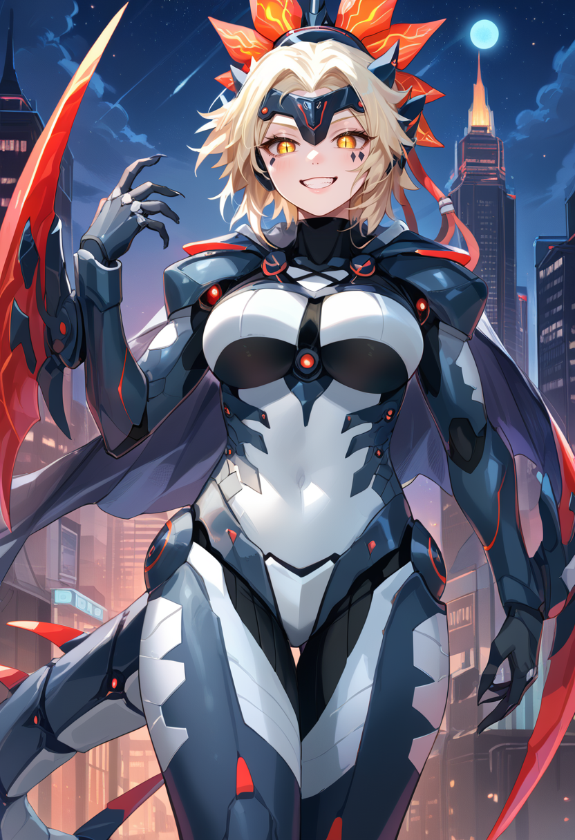 (score_9:0.9),score_8_up,score_7_up,rating_safe,(zPDXL3),
<lora:Dinoruffia Kentregina ponyXL v1:0.75>,dinomorphia kentregina,solo,1girl,smile,looking at viewer,grin,grey bodysuit,mechanical claw boots,large breasts,teeth,slit pupils,cowboy shot,facial mark,standing,mechanical headgear,mechanical forehead protector,red arm blade,mechanical gauntlets,see-through cape,mecha dragon girl,cityscape,city,night sky,glowing eyes,