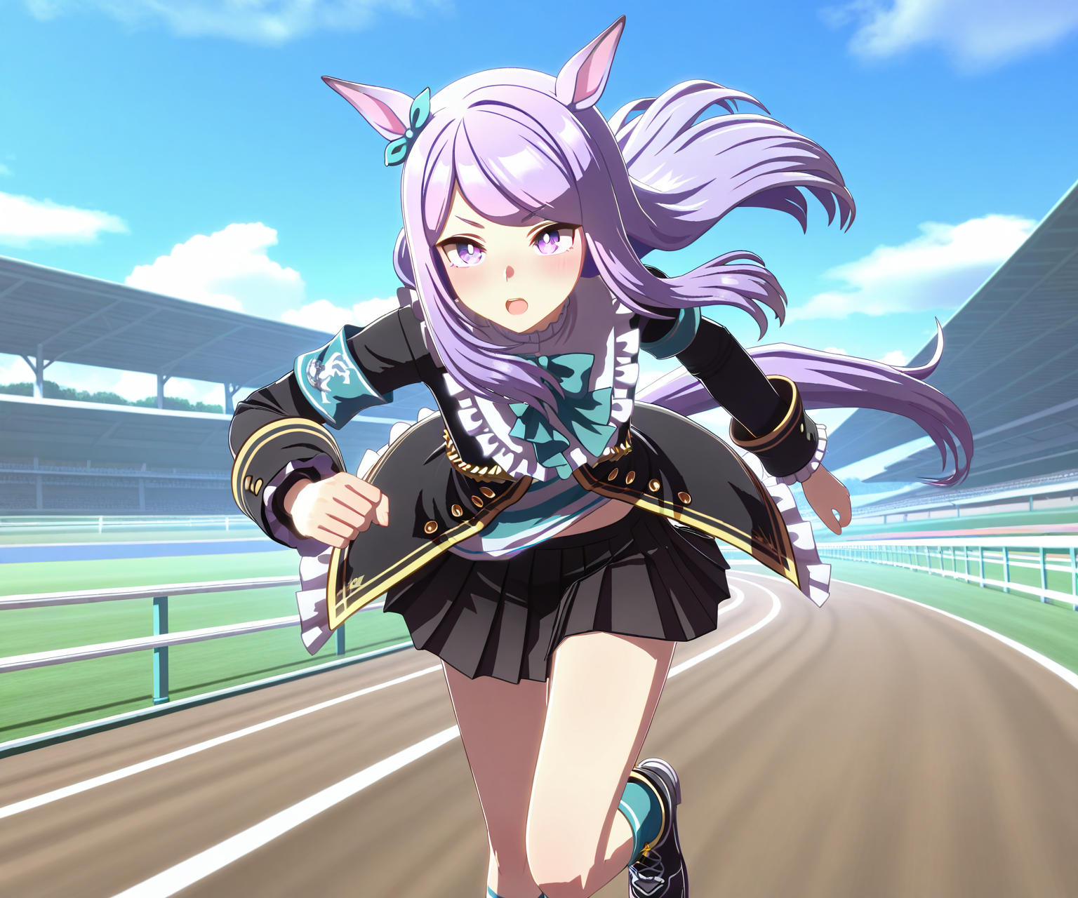 masterpiece, best quality, amazing quality, , 1girl, solo,umamusume, racetrack, running,    <lora:Mejiro Mcqueen in game style 3D ILL-v2:1> ummsmingame, 3d, mejiro mcqueen \(umamusume\), black skirt
