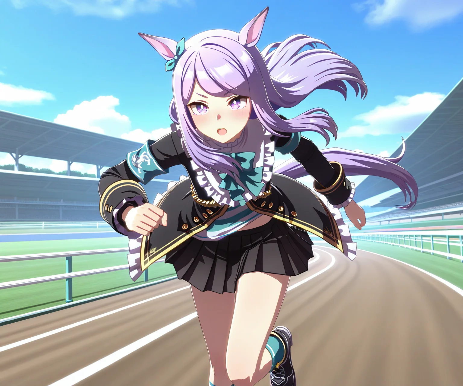 masterpiece, best quality, amazing quality, , 1girl, solo,umamusume, racetrack, running, <lora:Mejiro Mcqueen in game style 3D ILL-v2:1> ummsmingame, 3d, mejiro mcqueen \(umamusume\), black skirt