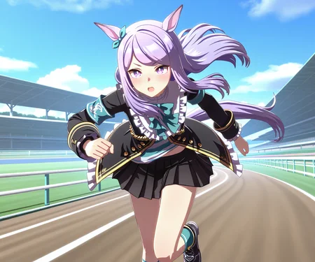 masterpiece, best quality, amazing quality, , 1girl, solo,umamusume, racetrack, running, <lora:Mejiro Mcqueen in game style 3D ILL-v2:1> ummsmingame, 3d, mejiro mcqueen \(umamusume\), black skirt