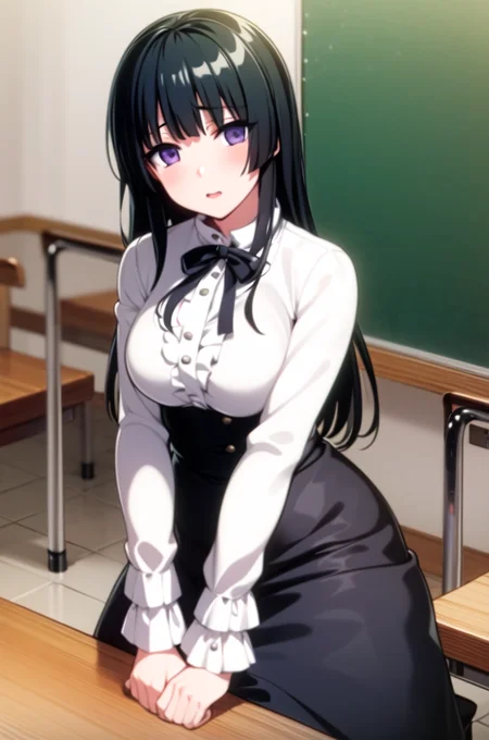 ((masterpiece, best quality)),very detailed, simple eyes,class room,1girl,(pantyhose),medium breasts,<lora:rinko:1>,rinko shirokane, black_skirt, casual , breasts, frills, long_hair, long_sleeves, looking_at_viewer, purple_eyes, skirt